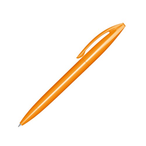 Oranje plastic balpen met clip en draaimechanisme.