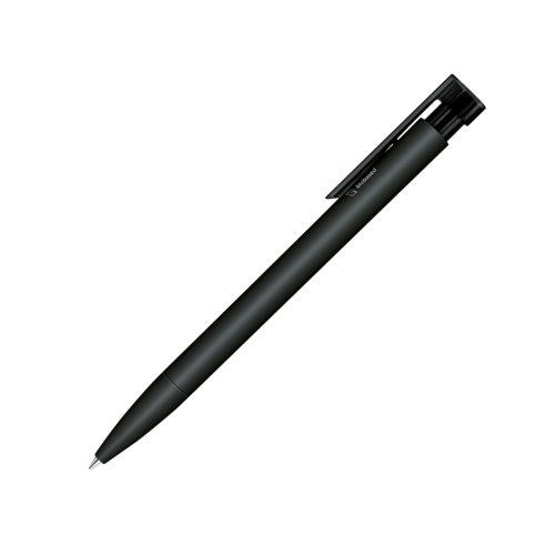 Zwarte bio-plastic balpen met clip en drukmechanisme.