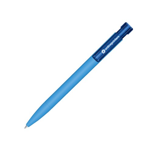 Blauwe bioplastic balpen met drukmechanisme.