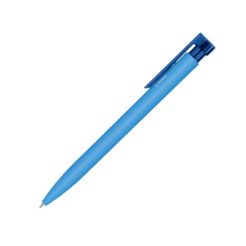 Blauwe bioplastic balpen met clip en drukmechanisme.