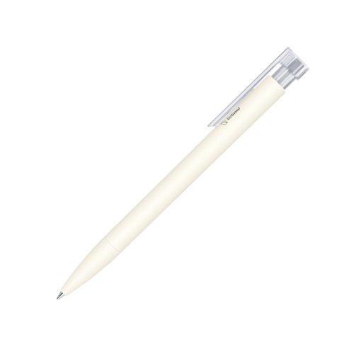 Witte bioplastic balpen met transparante clip en drukmechanisme.