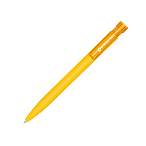 Gele bioplastic balpen met clip en drukmechanisme.