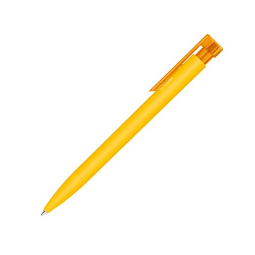 Gele bio balpen met clip en drukmechanisme.
