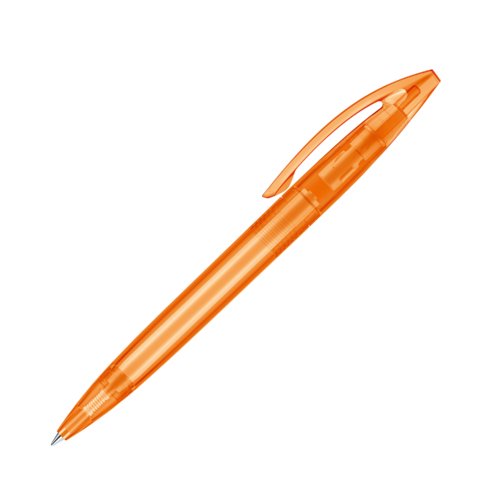 Oranje kunststof balpen met clip en drukmechanisme.