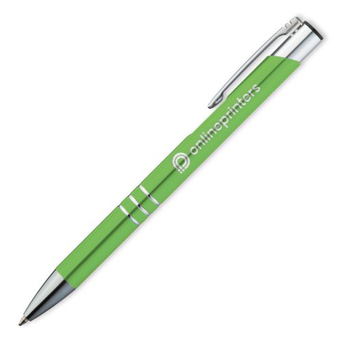 Appelgroene metalen balpen met clip en drukmechanisme.