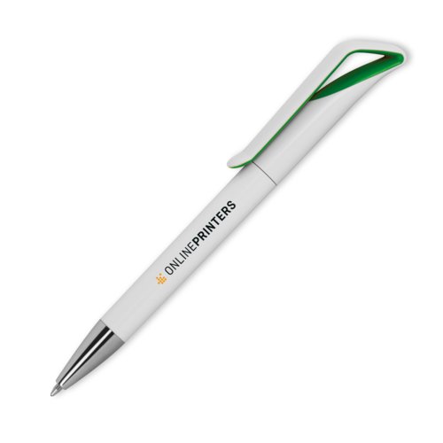 Witte plastic balpen met clip en drukmechanisme.