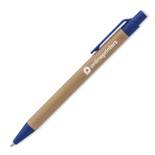 Blauwe papieren balpen met clip en drukmechanisme.