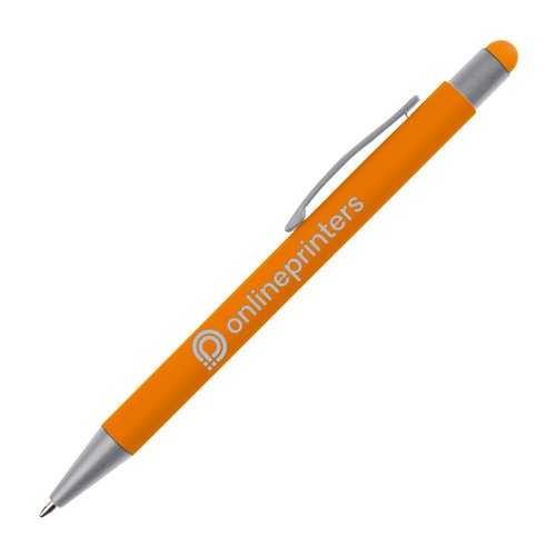 Oranje plastic balpen met touchpen en clip.