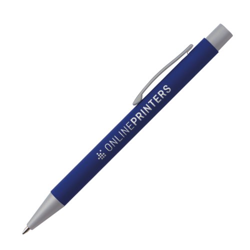 Blauwe balpen met clip en drukmechanisme.