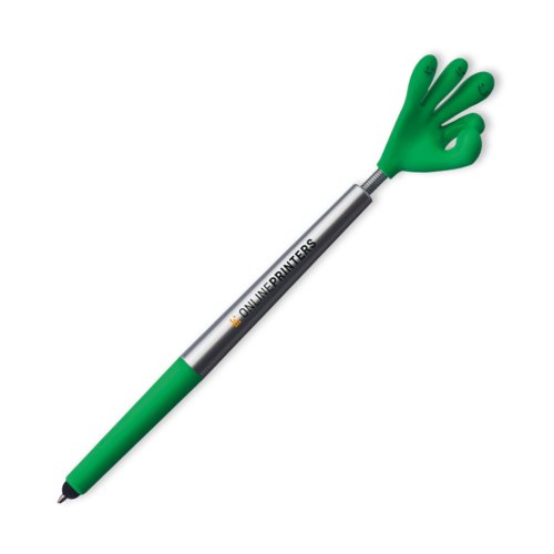 Groene plastic balpen met handmotief en drukmechanisme.
