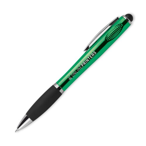 Groene LED-balpen met clip en stylus tip.