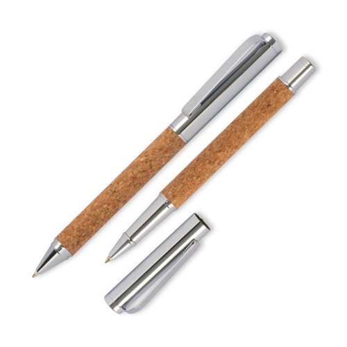 Bruine kurk schrijfgarnituur met balpen en rollerball.