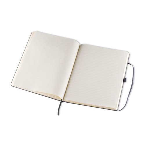 Zwart notitieboek met harde kaft en bladwijzer.