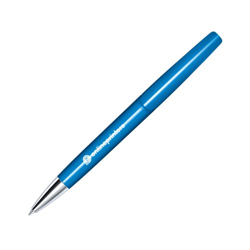 Blauwe balpen met metalen punt en draaimechanisme.