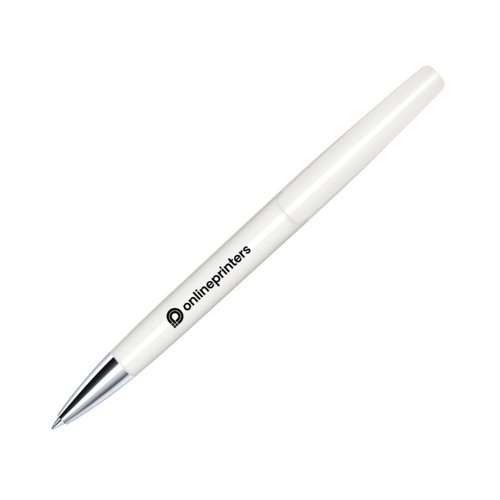 Witte plastic balpen met metalen elementen en draaimechanisme.