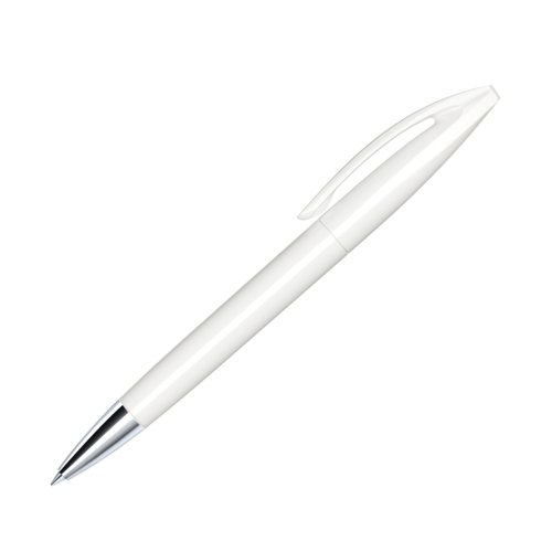 Witte balpen met metalen schacht, clip en drukmechanisme.