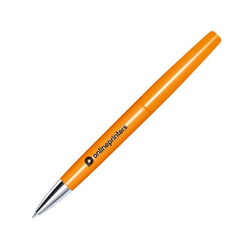Oranje draaibare balpen met metalen onderdelen.