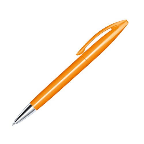 Oranje draaibare balpen met metalen elementen en clip.