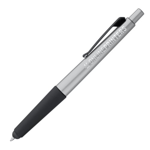 Grijze metalen balpen met touchfunctie en clip.