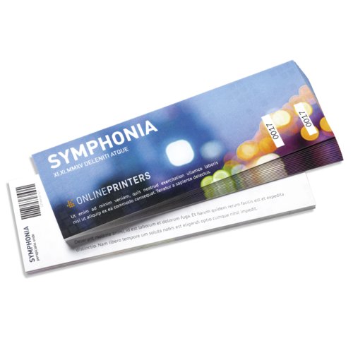 Papieren tickets, dubbelzijdig bedrukt en gehalveerd.