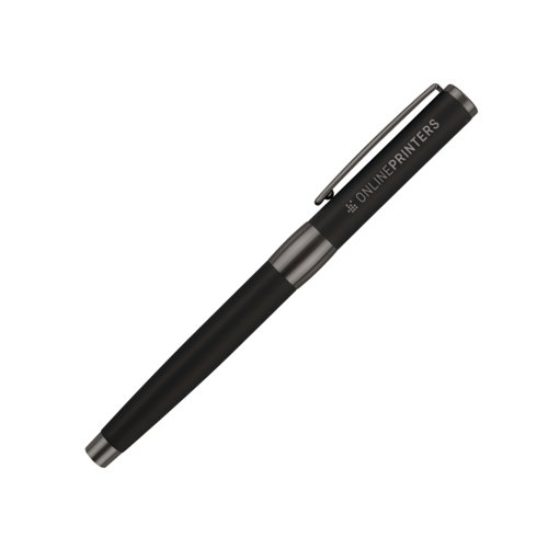 Zwarte plastic vulpen met metalen details en clip.