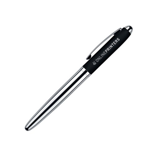 Zwarte plastic rollerball pen met metalen elementen en zacht oppervlak.