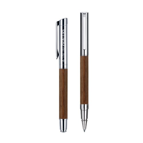 Zilverkleurige rollerball pen met dop.