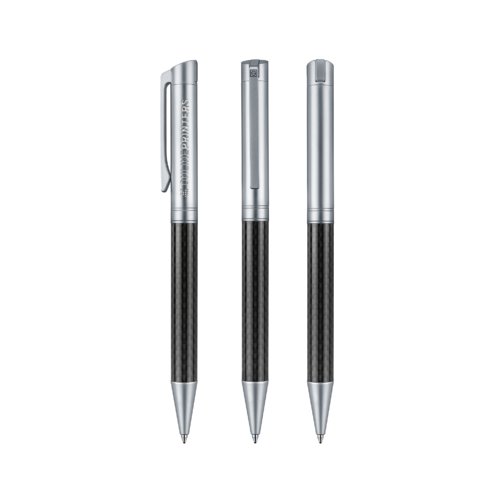 Zilverkleurige carbon metalen balpen met clip en drukmechanisme.