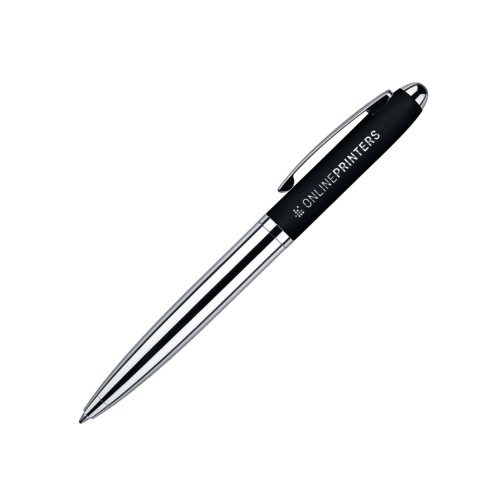 Zwarte draaibare balpen met metalen elementen en soft-touch oppervlak.