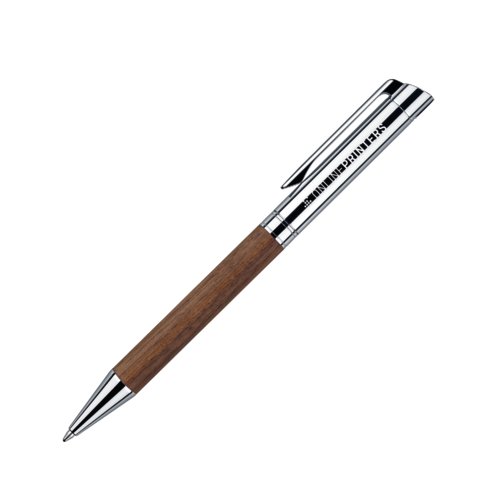 Houten balpen met draaimechanisme en metalen clip.