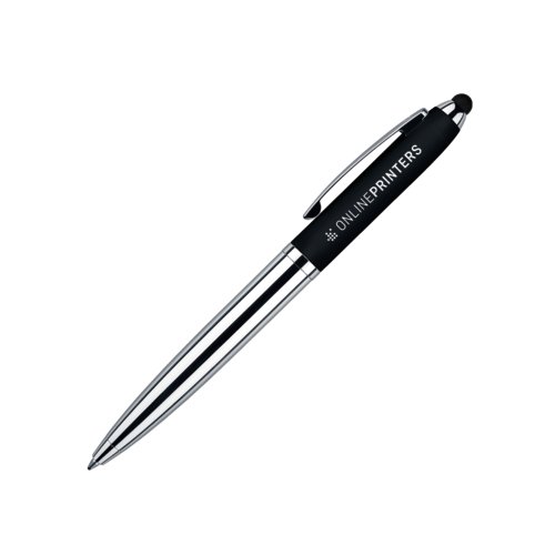 Zwarte metalen balpen met touchpad en draaimechanisme.