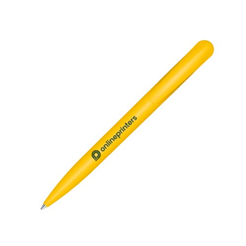 Gele plastic balpen met clip en drukmechanisme.