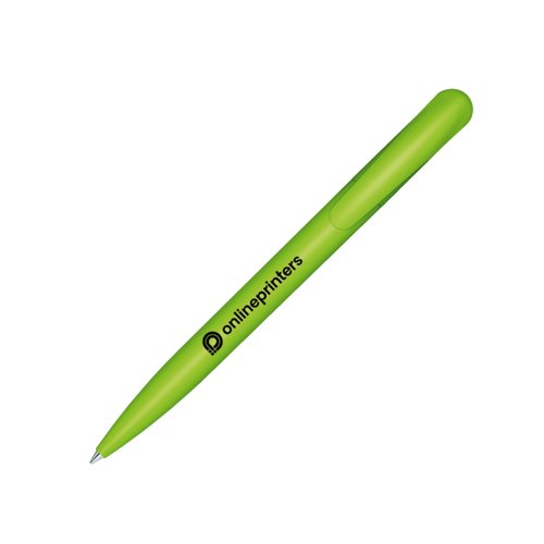 Groene kunststof balpen met clip en drukmechanisme.