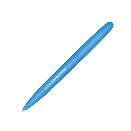 Blauwe plastic balpen met draaimechanisme.