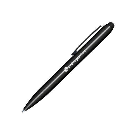 Zwarte kunststof balpen met draaimechanisme, touchpad en clip.