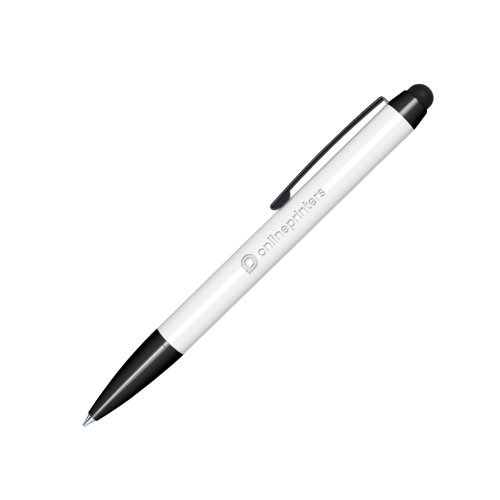 Witte balpen met draaimechanisme, touchpad-stylus en clip.