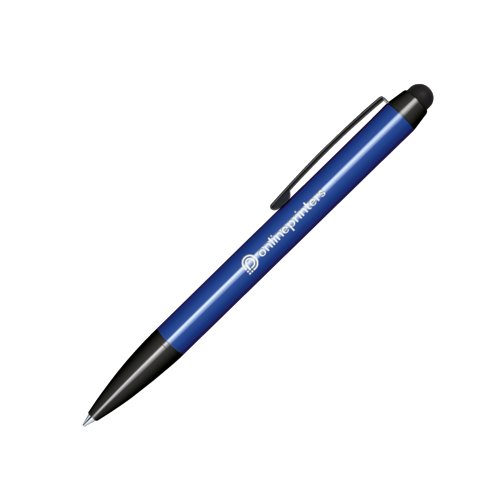 Donkerblauwe kunststof draaibare balpen met touchpad stylus en clip.