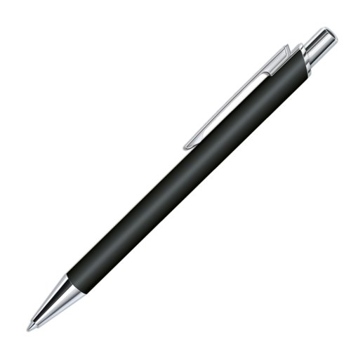 Zwarte balpen met drukmechanisme en soft-touch afwerking.