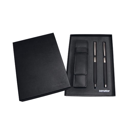 Set met balpen en vulpen in een leren etui senator® Black Line 2