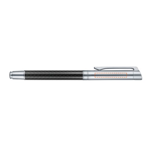 Metaalkleurige rollerball pen met carbon elementen en clip.