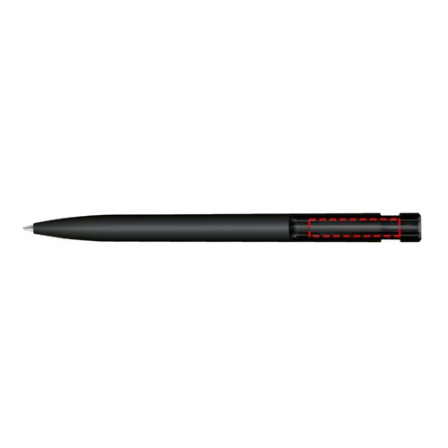 Zwarte balpen met drukmechanisme en soft-touch afwerking.