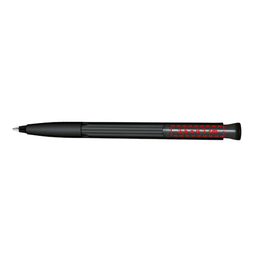 Zwarte plastic balpen met drukknop en zachte grip.