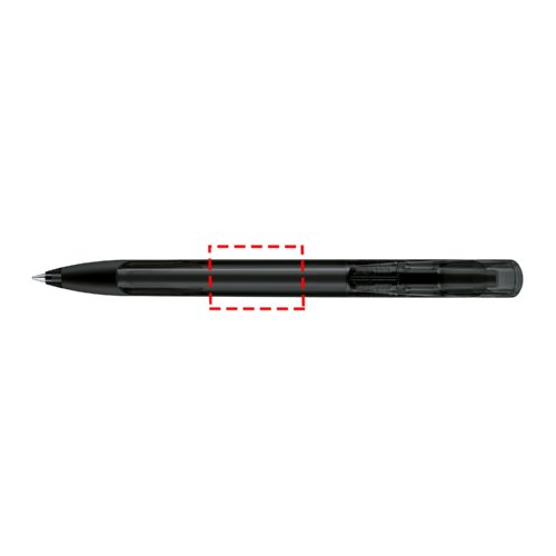 Transparante balpen met zachte grip en drukmechanisme.