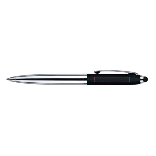 Zwarte touchpad-balpen met draaimechanisme en clip.