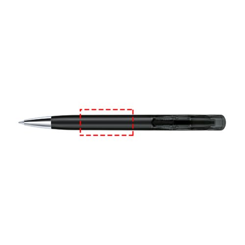 Transparante plastic balpen met metalen elementen.