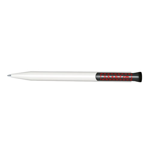 Witte balpen met gepolijste afwerking en drukmechanisme.