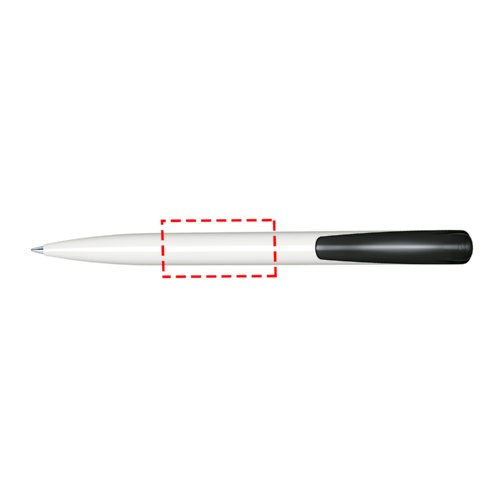 Witte plastic balpen met drukmechanisme en gepolijste afwerking.