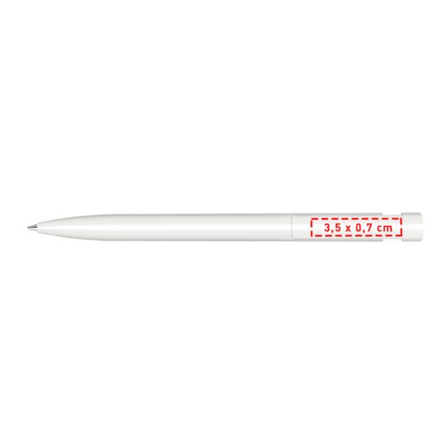 Witte plastic balpen met gepolijste afwerking en drukmechanisme.