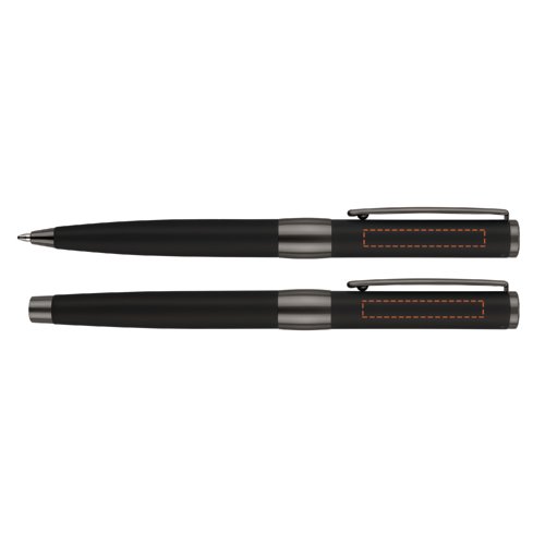 Zwarte pennenset met balpen, vulpen en etui.