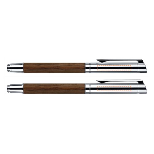 Houtkleurige pennenset met balpen, vulpen en etui.